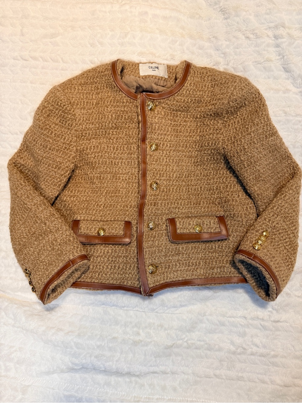Celine Tan Bouclé Jacket with Brown Leather Trim Rare Small to Medium fits